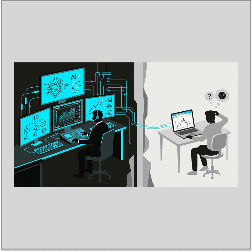 Institutional multi-screen AI trading setup vs a single retail laptop